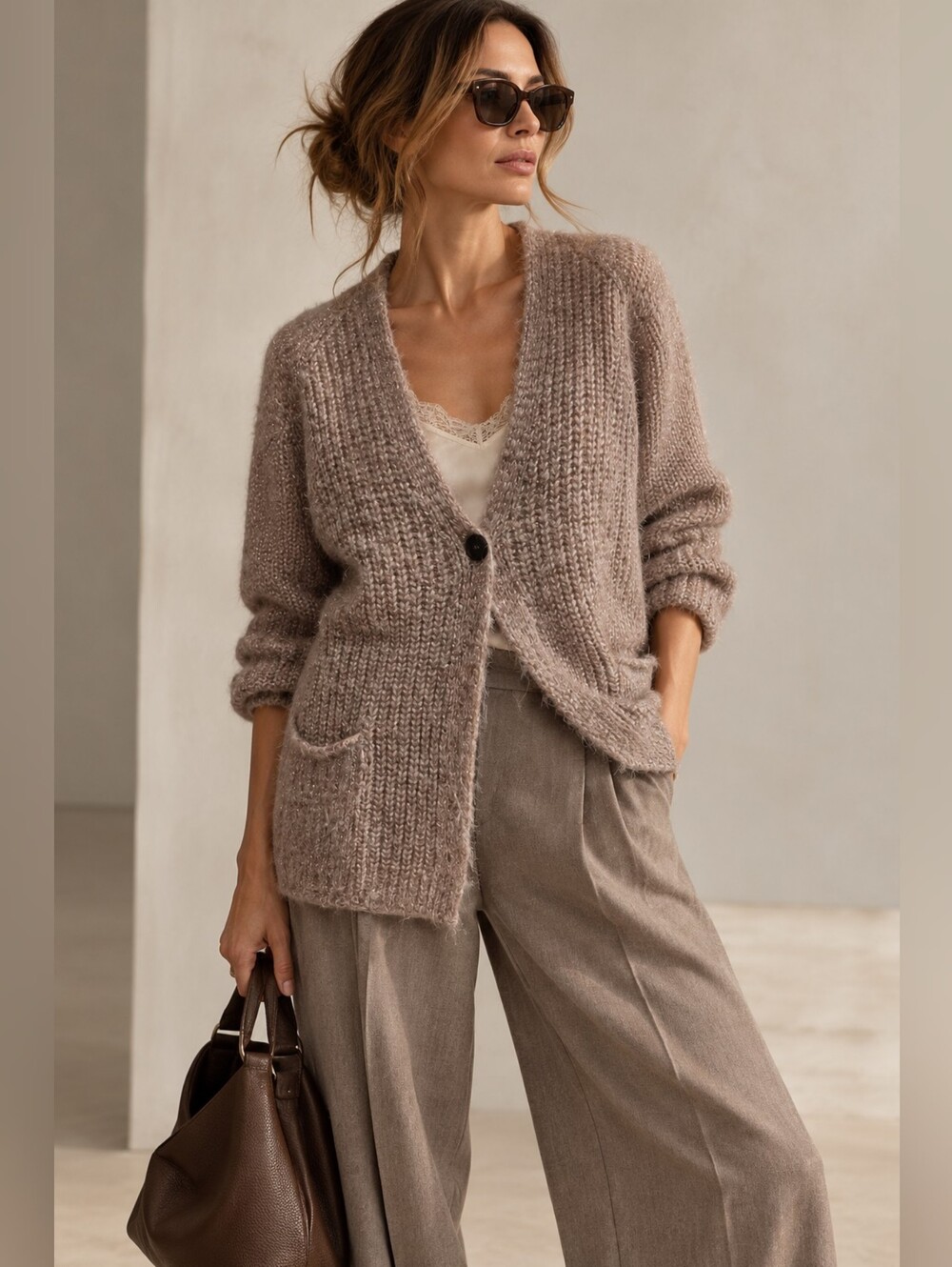 Pomandere Women Alpaca Wool Lurex Metallic Knit Cardigan Brown Size 6